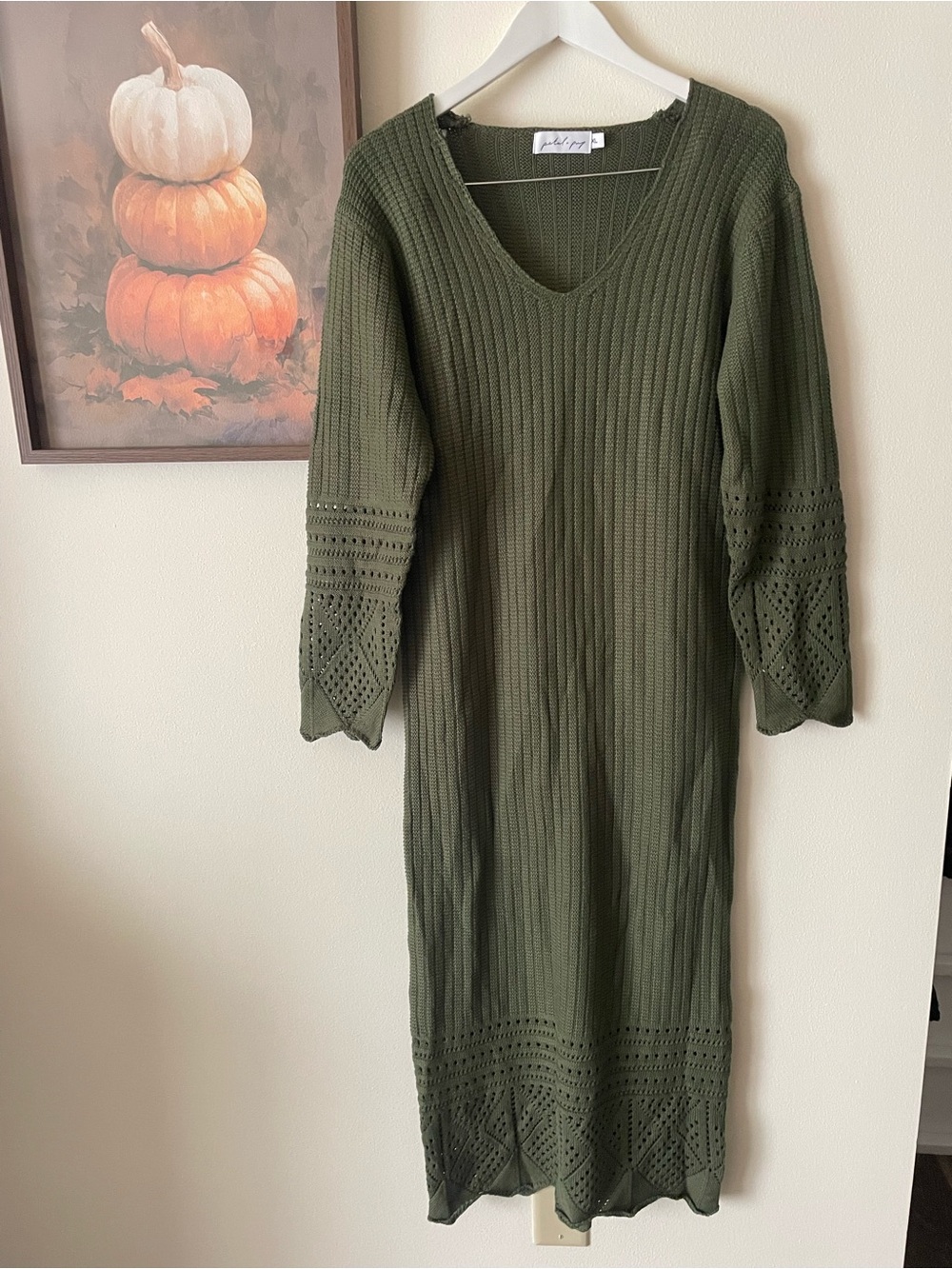Petal + Pup V-Neck Pointelle Knit Midi Sweater Dress Olive Green